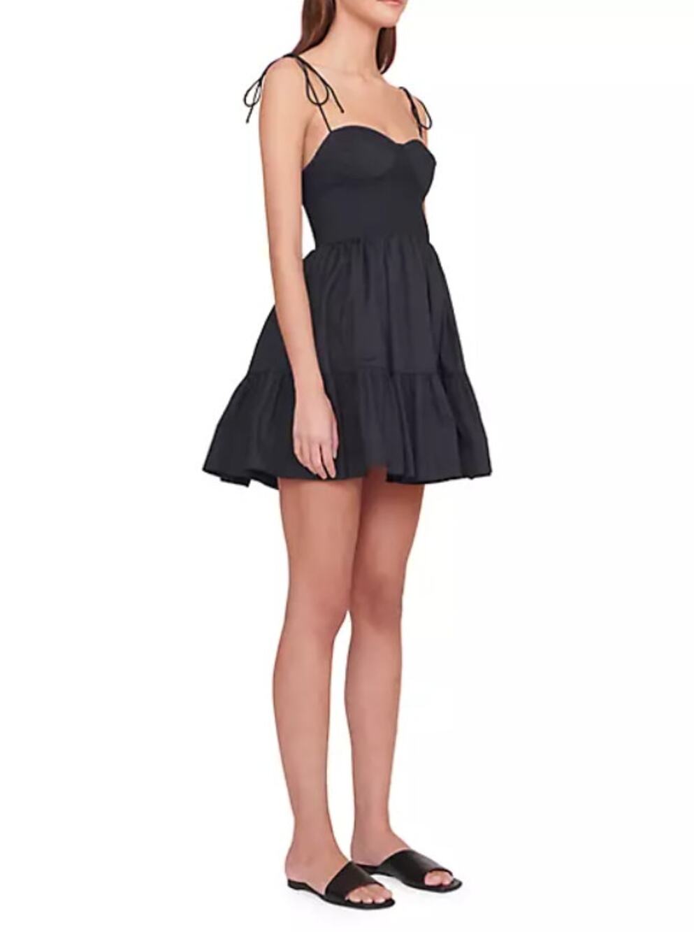 Staud Womens Landry Mini Dress Smocked Sleeveless Tiered Black Size XL NEW - Picture 1 of 8